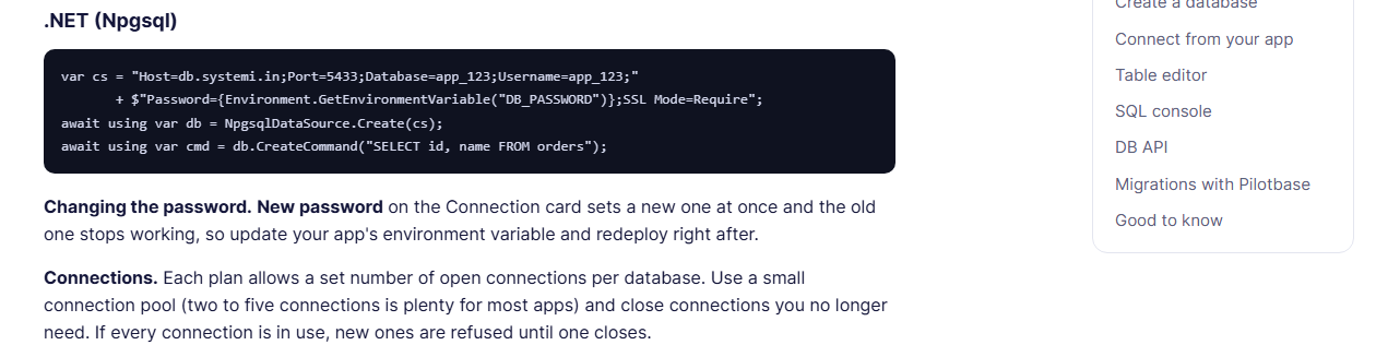 The systemi databases docs page: a connection example for .NET with Npgsql, and the Connections note: each plan allows a set number of open connections per database; use a small pool, two to five connections is plenty for most apps