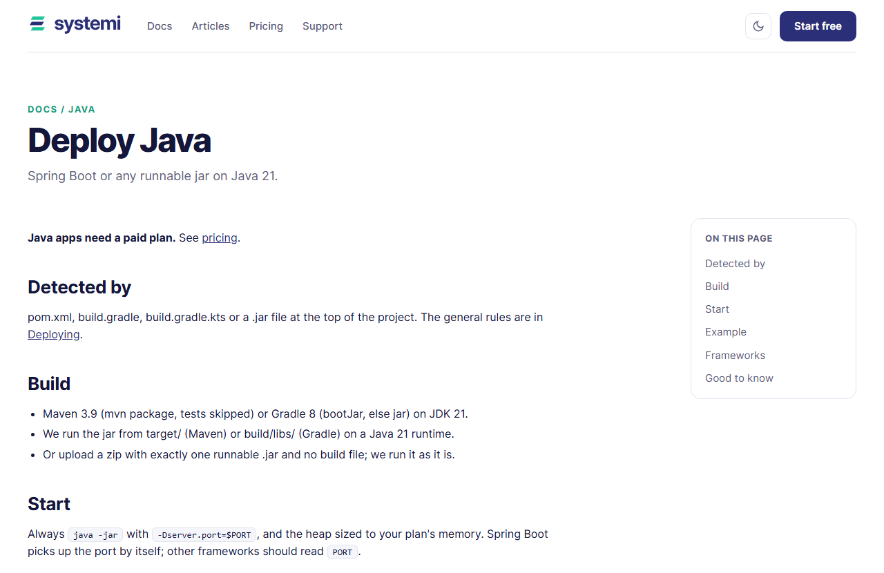 The systemi Deploy Java docs page: Spring Boot or any runnable jar on Java 21, detected by pom.xml or build.gradle, started with java -jar and the heap sized to the plan's memory