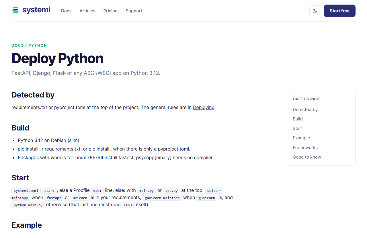 The systemi Deploy Python docs page: detected by requirements.txt or pyproject.toml, Python 3.12 on Debian slim, start with uvicorn main:app when fastapi is in the requirements